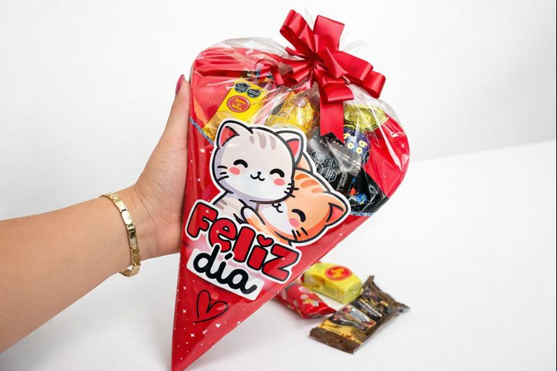 Mano sosteniendo cono corazón rojo con gatitos Feliz Día fondo blanco